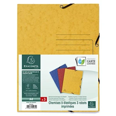Abbildung von Exacompta 554432E 3er Pack Premium Einschlagmappe. Made in Germany. Aus extra starkem Colorspan Karton mit 3 Innenklappen und 2 Gummizügen DIN A4 Sammelmappe für Büro Schule farbig sortiert