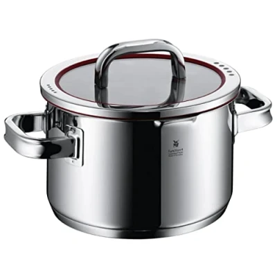 Abbildung von WMF Function 4 Kochtopf groß 20cm, Glasdeckel, Fleischtopf Induktion 3,4l, Cromargan Edelstahl poliert, Abgießfunktionen, Innenskalierung, rot