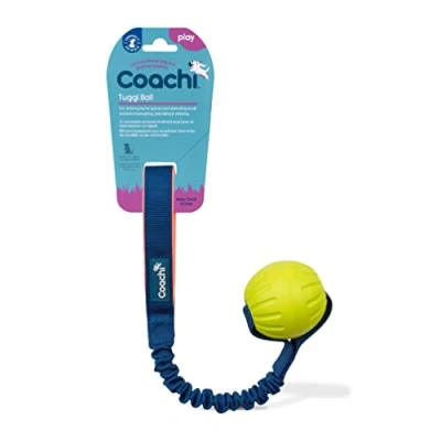 Abbildung von Coachi Tuggi Ball, Robustes Design, leicht, sicher, dehnbarer Bungee Griff, Ideal für alle Hunde &amp; Welpen, Belohnungstraining, Rückruftraining, Unterbinden von Beißen Kauen. Agility.