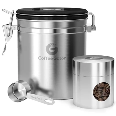 Abbildung von Coffee Gator Kaffee Kanister mit Datumsanzeige, CO2 Freigabe Ventil und Schaufel, groß Medium edelstahl