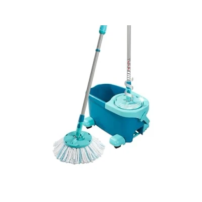 Abbildung von Leifheit Set CLEAN Twist Disc Mop Ergo 2.0 mit Rollwagen, Bodenwischer Mikrofaser Bezug für nebelfeuchte Reinigung auf Fliesen und Laminat, Wischmopp Click System Schleudertechnologie