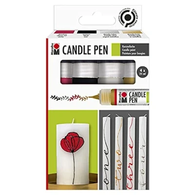 Abbildung von Marabu 1805000000086 Kerzenstifte Candle Pen, 4 x 25 ml Farbe auf Wasserbasis, lichtecht, geruchsneutral, wetterfest, für kinderleichte Kerzendekoration, Farben