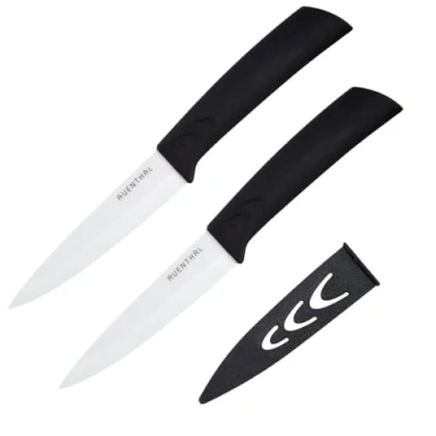 Abbildung von Amefa AUENTHAL Keramikmesser, 10 cm Klingenlänge, weiße Klinge aus Keramik, extrem scharf, ergonomischer Griff schwarz, inklusive Klingenschutz, Schälmesser Küchenmesser