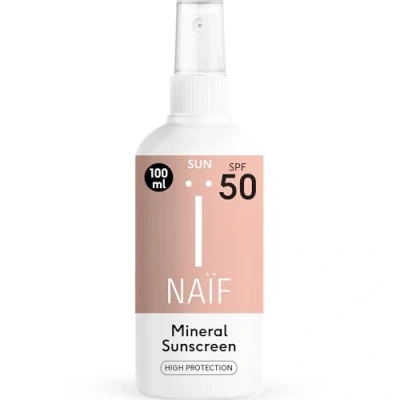 Abbildung von Naïf Sonnenschutzspray auf mineralischer Basis Für die ganze Familie LSF 50 Wasserresistent Ohne Mikroplastik, Mineralöle oder Silikone Umweltfreundlich Dermatologisch getestet 100ml