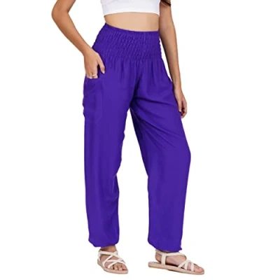 Abbildung von Lofbaz Damen Haremshose Yogahose Pumphose Hippie Hose Boho Kleidung Festival Outfit Sommerhose Leicht Sommer Hosen Solid 1 Violett XL