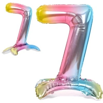 Abbildung von Luftballon 7. Geburtstag Zahl 7 Mehrfarbig Pastell Stehende XXL Riesen Folienballon 82cm Geburtstagsdeko Ballon Deko zum Geburtstag.