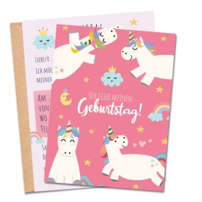 Abbildung von MeinBaby123® 10 Einladungskarten Kindergeburtstag Mädchen süße Geburtstagseinladungen für Kinder Einhorn inkl. Briefumschläge Premium Qualität (Einhorn V1)