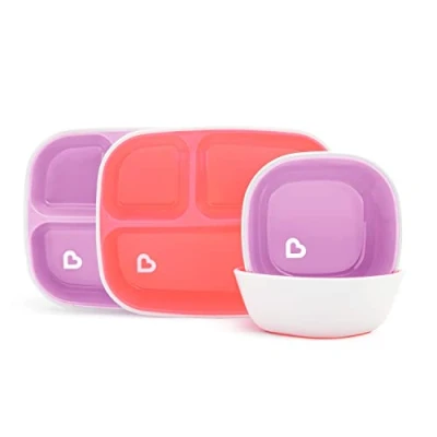 Abbildung von Munchkin Teller und Schüssel Set, 4 teilig, für Babys Kleinkinder, 2 Babyteller &amp; Babyschüsseln, Set zur Beikosteinführung mit Geschirr, ab 6 Monaten, BPA frei Rosa/Violett