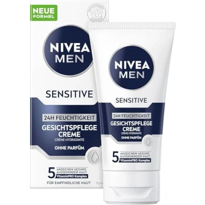 Abbildung von NIVEA MEN Sensitive Gesichtspflege Creme, 24h Feuchtigkeitscreme für empfindliche Männerhaut, beruhigende Gesichtscreme zur Linderung von Hautirritationen (75 ml)