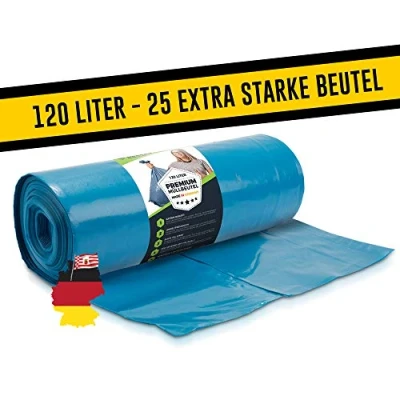 Abbildung von Müllsäcke 120L Blau 25 Stück Extrem Reißfest Abfallsäcke Abfall Beutel XXL Typ 100 Extra Müllbeutel 120 L 70 µ 700x1100 mm LDPE Großer Müllsack Liter Super Stark Mülltüten