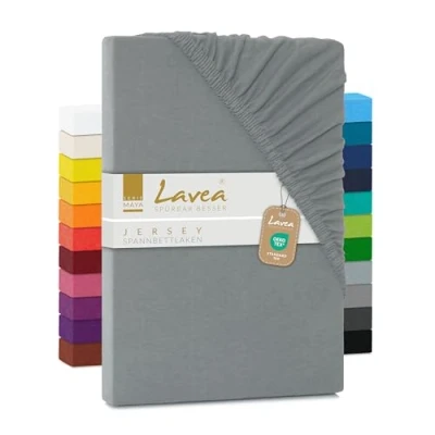 Abbildung von Lavea Spannbettlaken 90x200cm 100x200 aus atmungsaktiver Baumwolle Passgenau für Standardmatratzen bis 20cm Mittelgraues Bettlaken mit Gummizug Jersey Spannbetttuch