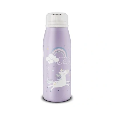 Abbildung von alfi KIDS ISO BOTTLE 350ml, Lila Einhorn Regenborgen, Isoliertrinkflasche Kinder Edelstahl, absolut dichter Drehverschluss, hält 12 Std. heiß, 24 kalt, Trinkflasche für Kohlensäure, BPA frei