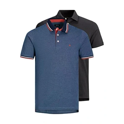 Abbildung von Jack &amp; Jones Herren Slim Fit Polo Shirt JJEPAULOS Uni Sommer Hemd Kragen Kurz Arm Basic Pique Cotton, 2er Pack (Dark Grey Mel./Denim Blue) , S