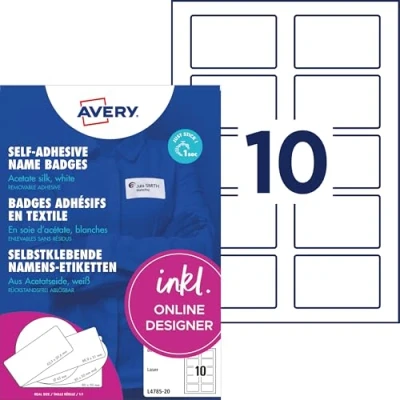 Abbildung von AVERY Zweckform L4785 20 Namensetiketten (200 Namensaufkleber, 80x50mm auf A4, selbstklebend, bedruckbare Textiletiketten aus Acetatseide für Laserdrucker, rückstandsfrei ablösbar) Blatt, weiß
