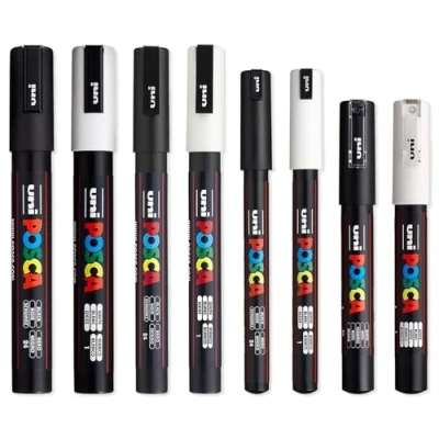 Abbildung von POSCA Stifteset, schwarz und weiß, dünne bis mitteldicke Spitze, 8 Stifte (PC 5M, PC 3M, 1M, 1MR)