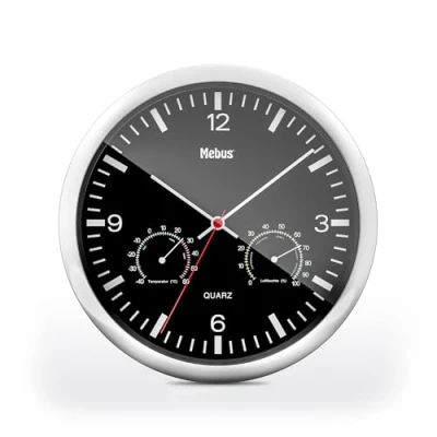 Abbildung von Mebus Quarz Wanduhr mit Thermometer und Hygrometer/silberner Rahmen/schwarzes Zifferblatt / 25cm Durchmesser/Rund/Modell: 56731 Farbe: Silber, Schwarz