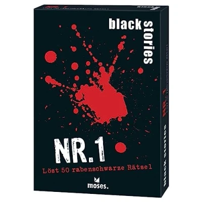 Abbildung von moses 90048 Black Stories Nr. 1 50 Rätsel in der ersten Edition Krimi Kartenspiel mit Spielvariante und Punktechips, Rätselspiel für Jugendliche Erwachsene, White, M