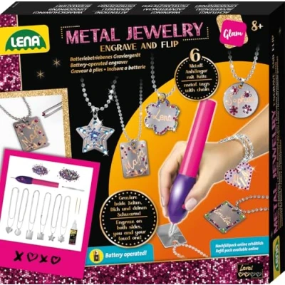 Abbildung von Lena 42655 Engraver&#039;s Jewelry Studio, Schmuckstudio, Gravurstudio für Kinder ab 9 Jahre, Set mit batteriebetriebenen Gravierer, Leim, 800 Strassjuwelen und 6 Metallanhänger Ketten, Silber
