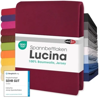 Abbildung von CelinaTex Jersey Spannbettlaken Lucina 200x200 200x220cm Bordeaux rot 100% Baumwolle gekämmt bis 26cm Matratzenhöhe Spannbettbezug, Leintuch, Bettlaken, elastisch, Strech, Oeko Tex