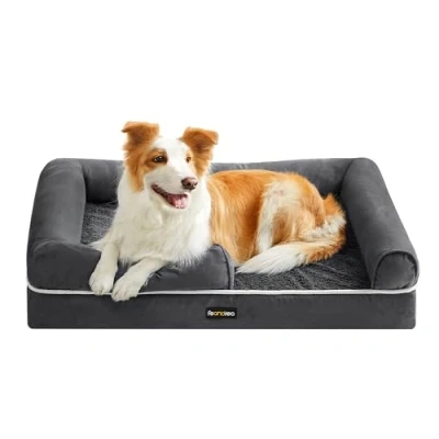 Abbildung von Feandrea Orthopädisches Hundebett, Hundekissen, Hundekorb, weiche Polsterung, Hundesofa, erhöhte Ränder, Bezug abnehmbar und waschbar, 91 x 71 20 cm, rutschfeste Unterseite, dunkelgrau PGW076G01