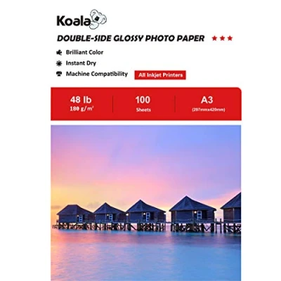 Abbildung von Koala Fotopapier für Tintenstrahldrucker, Doppelseitig, Glänzend, A3, 180 g/m², 100 Blatt. Geeignet zum Drucken von Fotos, Zertifikaten, Broschüren, Flyern, Faltblättern, Grußkarten, Kalendern, Kunst