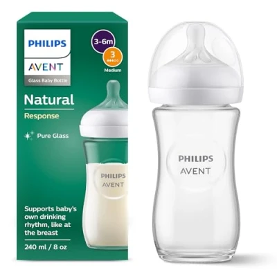 Abbildung von Philips Avent Babyflasche Natural Response aus Glas Babyflasche, 240 ml, BPA frei, für Neugeborene ab 1 Monat (Modell SCY933/01)
