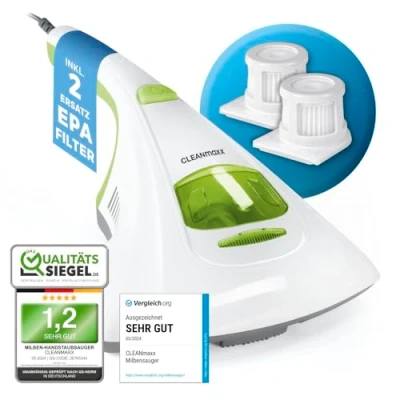 Abbildung von CLEANmaxx Milben Hand Staubsauger vernichtet bis zu 99 Prozent Aller Effektive, chemiefreie Reinigung mit UV C Licht Perfekt auch für Allergiker zum Absaugen &amp; Desinfizieren von Matratzen