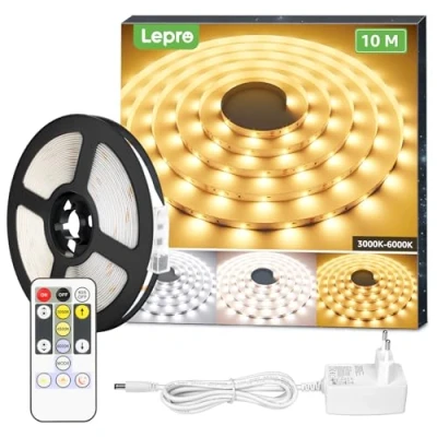 Abbildung von Lepro LED Strip Dimmbar 10M, Streifen 600 LEDs Warmweiss bis Kaltweiss, Weiß Band Lichterkette, Lichtleiste, Superhell Warmweiß Kaltweiss DIY Lichtband Leiste, Kette Stripes für Küche Deko