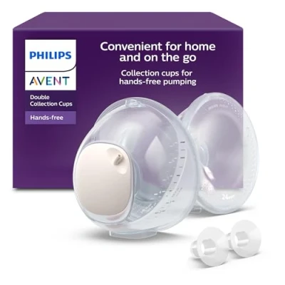 Abbildung von Philips Avent freihändige Doppel Auffangbecher, ultraleichte und transparente Auffangbecher für die elektrische Milchpumpe, 4 Brusthauben (2 x 21 mm, 2 24 mm), 19 mm Einsätze, SCF439/01
