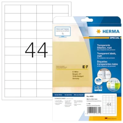 Abbildung von HERMA 4680 Wetterfeste Folienetiketten transparent, 25 Blatt, 48,3 x 25,4 mm, 44 pro A4 Bogen, 1100 Stück, selbstklebend, bedruckbar, matt, blanko Klebeetiketten Aufkleber aus Folie, durchsichtig