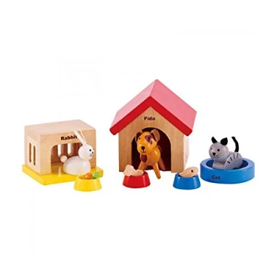 Abbildung von Hape Haustiere für die ganze Familie aus Holz Puppenhäuser von Ergänzung mit den fröhlichen Tierfreunden Hund, Katze, Kaninchen und Zubehör