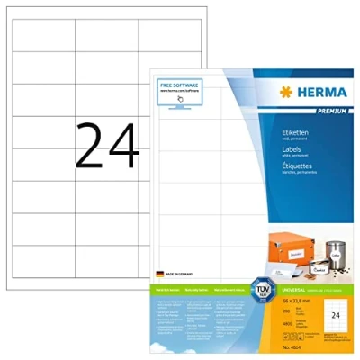 Abbildung von HERMA 4614 Adressetiketten, 200 Blatt, 66 x 33,8 mm, 24 pro A4 Bogen, 4800 Stück, selbstklebend, bedruckbar, matt, blanko Papier Adressaufkleber Etiketten, weiß