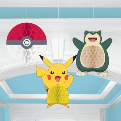 Abbildung von amscan 9917119 Offiziell lizenzierte Pokémon Kindergeburtstagsparty Pokeball Pikachu Hänge Wabendekorationen 3 Stück, Mehrfarbig