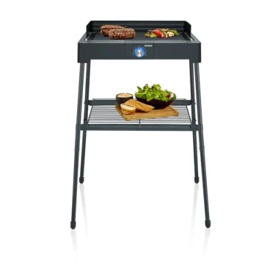 Abbildung von SEVERIN Standgrill mit Aluminium Grillplatte und Standuntergestell Ablagerost, Elektrogrill schnellem Grill Start, Balkon ohne Verbrennungsgefahr, Schwarz, PG 8568