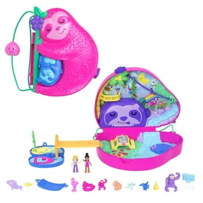 Abbildung von Polly Pocket Faultierfamilie 2 in 1 Taschenschatulle Tropisches Abenteuer mit 12 Accessoires, Dschungelspielbereiche und versteckter Strand, für Kinder ab 4 Jahren, HRD40