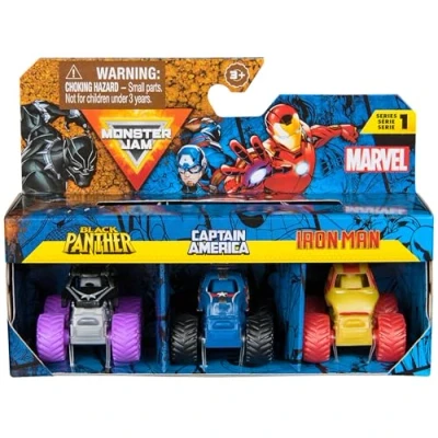 Abbildung von Monster Jam Marvel Mini Truck 3er Set mit Black Panther, Captain America, Iron Man, Maßstab 1:87, robust und coolen Details, für monstermäßige Superhelden Action an jedem Ort, ab 3 Jahren