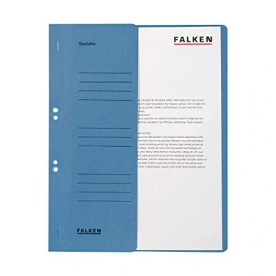 Abbildung von Original Falken 50er Pack Ösenhefter. Made in Germany. Aus Recycling Karton mit halbem Vorderdeckel und kaufmännischer Heftung für DIN A4 blau Hefter Sammelmappe Blauer Engel
