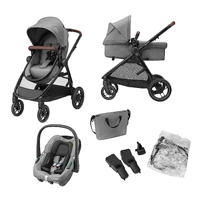 Abbildung von Maxi Cosi Zelia S Trio Kinderwagen 3 in 1 Komplettset, 0 4 Jahre, bis 22 kg, Zusammenklappbar, Kompakt, Verstellbarer Baby Kinderwagen, mit CabrioFix i Size Babyschale, Zubehör, Wickeltasche, Grau