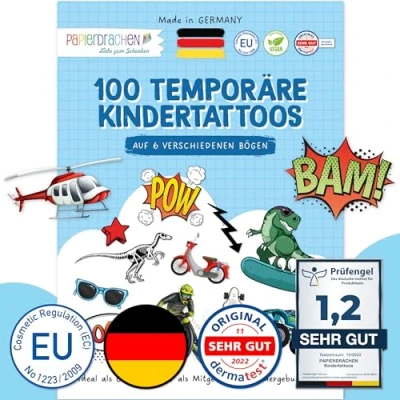 Abbildung von Papierdrachen 100 besonders hautfreundliche Tattoos zum Aufkleben Kindertattoos mit coolen Designs als Geburtstagsmitgebsel oder Geschenkidee vegan &amp; geprüft