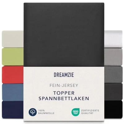 Abbildung von Dreamzie Premium Topper Spannbettlaken 90x200 cm 100x200 extra niedriger Seitenhöhe für Boxspringbett Topperauflage Spannbetttuch Jersey Baumwolle, 150 g/m² Oeko TEX Dunkelgrau