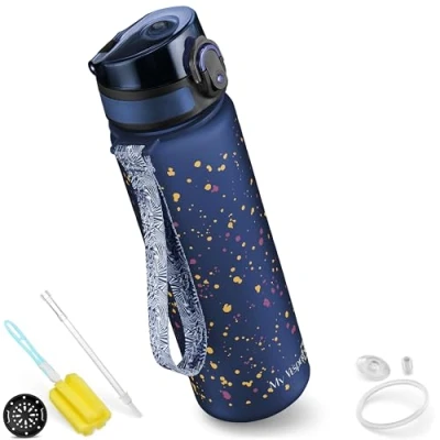 Abbildung von My Vesperbox Minny Klecks Kinder Trinkflasche auslaufsicher 500ml mit Strohhalm oder Sieb BPA frei für Kindergarten, Schule (Blau 500ml)