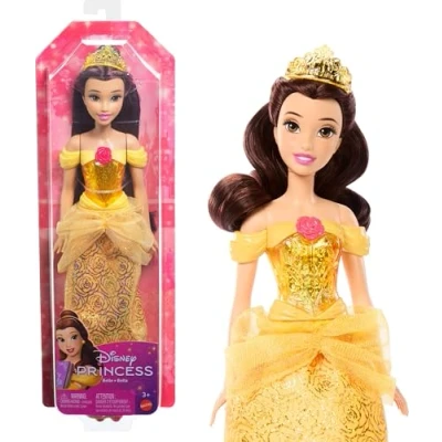 Abbildung von Mattel Disney Prinzessin Spielzeug, bewegliche Belle Modepuppe mit glitzernder Kleidung und Accessoires, inspiriert vom Film, Geschenk für Kinder, HLW11
