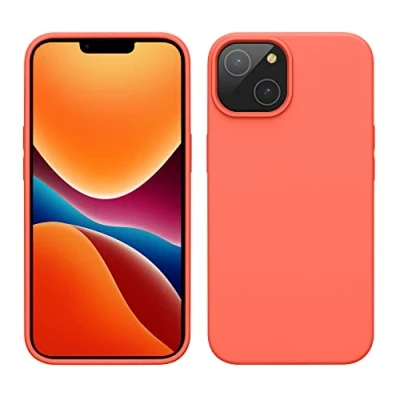 Abbildung von kwmobile Hülle für das iPhone 14 dünnes Silikon Handy Case stoßfeste Handyhülle mit weicher Oberfläche unterstützt kabelloses Laden Leuchtende Koralle