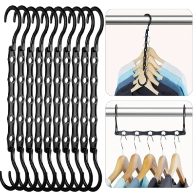 Abbildung von HOUSE DAY 10 Stück Kleiderbügel Kunststoff Schrank Organizer Kleiderschrank Platzsparend Mehrfach rutschfest Antirutsch Stabil Schwarz Magischer für Garderobe 23.5cm (L)