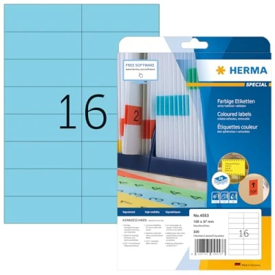 Abbildung von HERMA 4553 Farbige Etiketten blau ablösbar, 20 Blatt, 105 x 37 mm, 16 pro A4 Bogen, 320 Stück, selbstklebend, bedruckbar, matt, blanko Papier Farbetiketten Aufkleber
