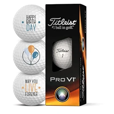Abbildung von Titleist Golfbälle 3er Pack Motiv Happy Birthday Golf Geschenke für Golfer Geschenkidee (Pro V1)