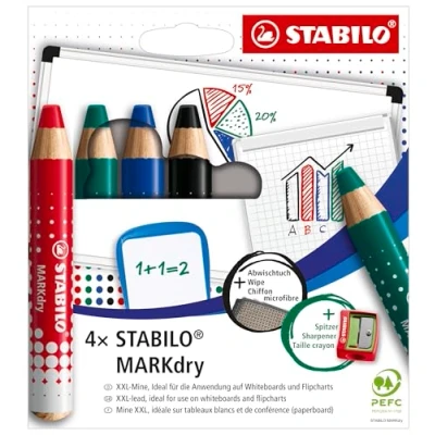 Abbildung von Whiteboard und Flipchartmarker STABILO MARKdry 4er Pack mit Spitzer Abwischtuch vier verschiedenen Farben