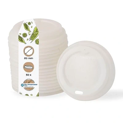 Abbildung von BIOZOYG Coffee To Go Deckel für Trinkbecher Ø 80mm I 50 Pappbecher aus CPLA Biokunststoff 100% biologisch abbaubar, kompostierbar, recycelbar Trinkloch Becherdeckel flach weiß