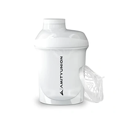 Abbildung von Eiweiß Shaker Deluxe 400 ml auslaufsicher, BPA frei, mit Sieb &amp; Skala ORIGINAL für cremige Whey Proteinpulver Shakes, Protein Isolate BCAA Konzentrate, Shaker, Fitness Mixer, Weiß