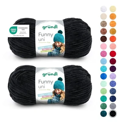 Abbildung von Gründl Wolle Funny uni weiche Chenille zum Häkeln Kuschelig und hautfreundlich 100% Polyester 2 Knäuel 100 g / 120 m Nadelstärke 5 6, Schwarz